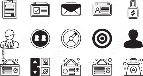 Business Management and HR Line Icon Set Featuring ID Cards, Recruitment, Portfolio, Target, and Corporate Employee Symbols