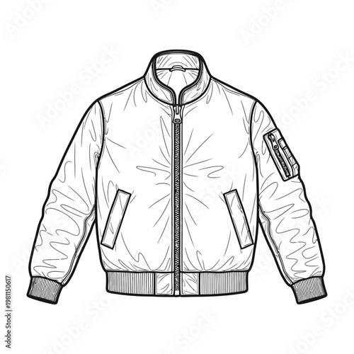 Bomber Jacket Technical Fashion Sketch Outline Design for Apparel Industry Production Template