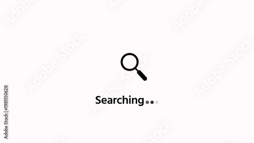 Animated magnifying glass icon on a screen with searching text information scan on white background. Searching written below it to denote an active information scan