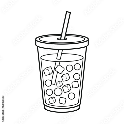Simple black and white illustration of a drink with ice and a straw