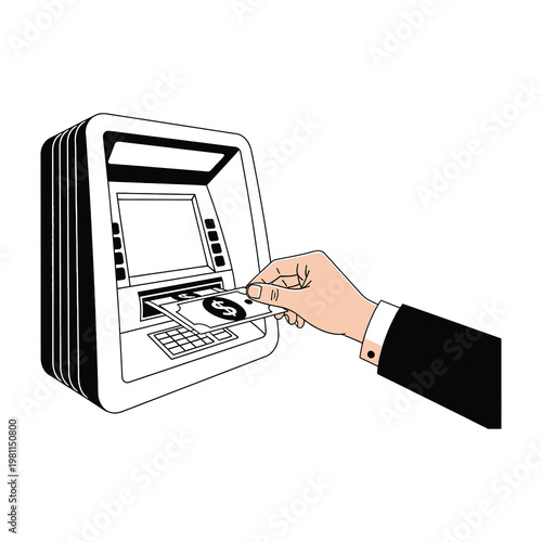Businessman hand inserting credit card into ATM machine for cash withdrawal and bank transaction