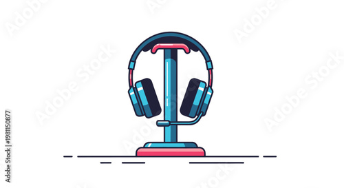 A colorful illustration of a pair of headphones on a stand against a white background