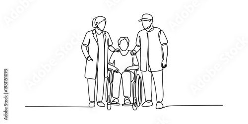 A single continuous line drawing of a medical professional team supporting a seated patient. Vector, illustration