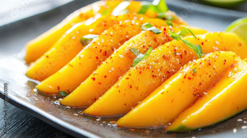 Juicy mango slices fanned out on plate, garnished with herbs and spices, create vibrant and appetizing dish