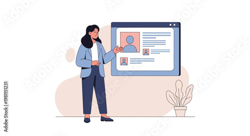 Woman presenting profile data on a digital screen, online recruitment concept