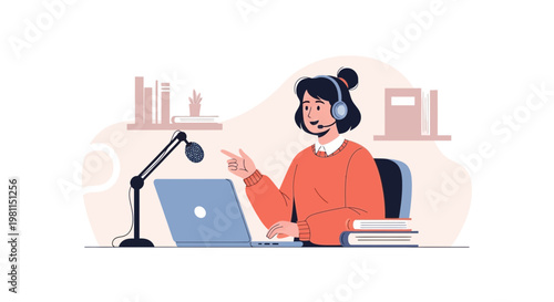 Woman with Headphones and Microphone Recording Podcast or Voiceover at Desk