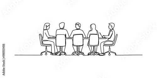 A continuous line drawing of a group of five business professionals sitting at a conference table. Vector, illustration