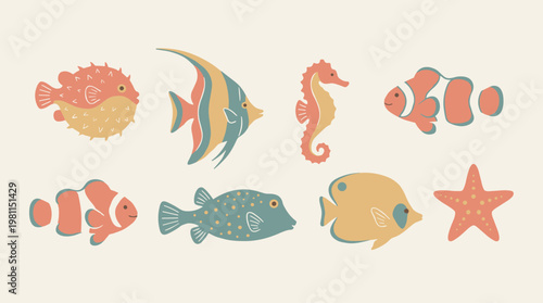 Colorful ocean fish sea creatures.
