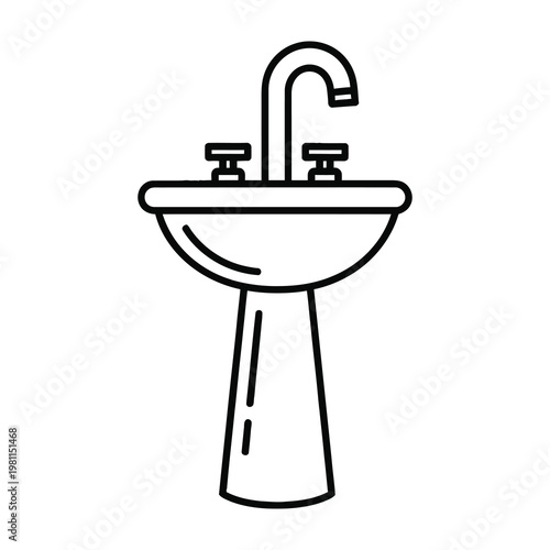 Pedestal Sink Icon With Chrome Faucet And Basin For Bathroom Interior Design And Plumbing Concept