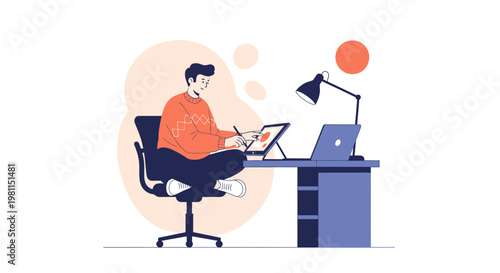 Young man drawing on tablet at desk with laptop, lamp, and orange sun