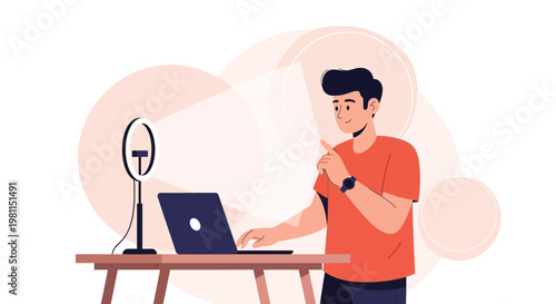 Young man creating content with laptop and ring light, online streaming, vlogging setup