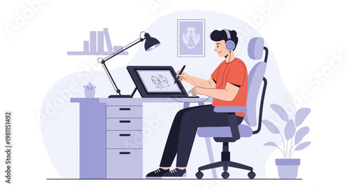 Young man drawing on graphic tablet, headphones, creative workspace, illustration