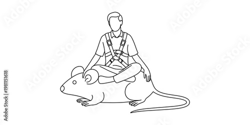 A simple black and white line drawing of a person sitting on a giant mouse wearing a harness gear Vector, illustration