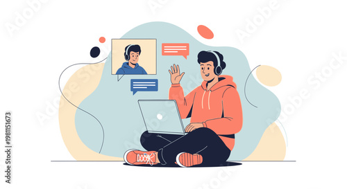 Young man on video call, remote work, online communication, technology concept