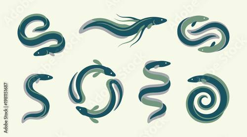 Eight Green Snake Illustrations.