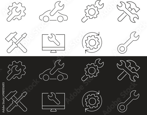 Collection of black and white line art tool icons for repair and maintenance