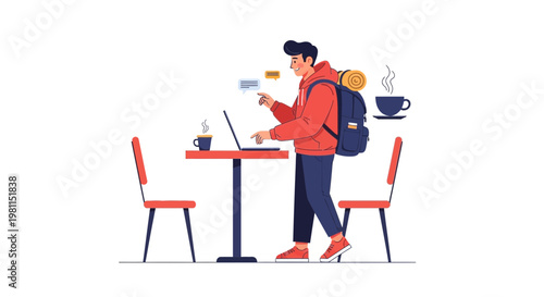 Young man with backpack working on laptop in cafe, digital nomad lifestyle