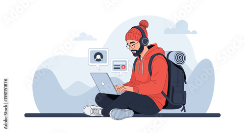Young man with headphones and backpack working on laptop outdoors, digital nomad concept