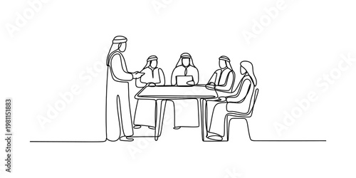 A continuous line drawing of an arab business team having a professional meeting in an office space Vector, illustration
