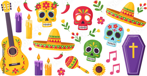 Day of the Dead Mexican Fiesta Illustration Set Featuring Sugar Skulls Sombrero Guitar Candles and Traditional Decorative Elements
