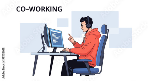 Young man with headphones working on computers in a co-working space