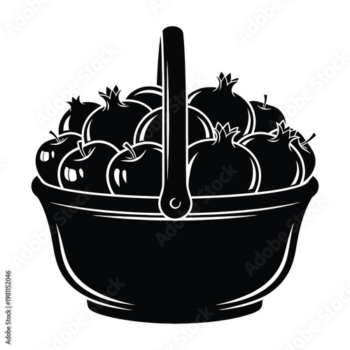 Black and white icon of a basket filled with fresh pomegranates for organic food market design