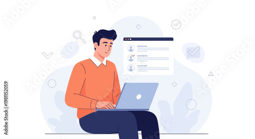 Man working on laptop with online profile list on screen, remote work concept