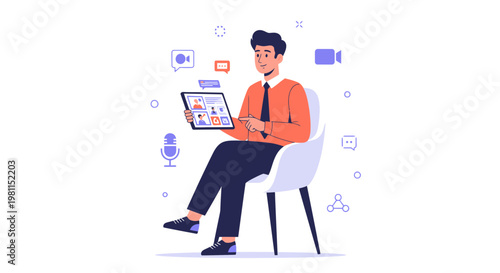 Man using tablet for video conference with multiple participants, online meeting concept