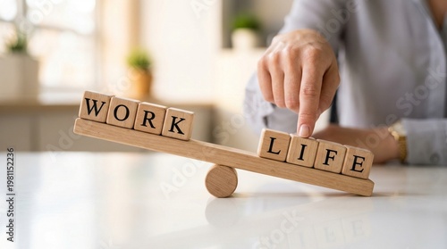 Balancing Act: The image showcases the concept of work-life balance, as a person's finger gently tips the scales of wooden blocks reading 'WORK' and 'LIFE'.