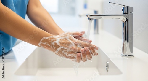 Close-up of a person washing hands thoroughly with soap and water in a white bathroom sink, promoting hygiene and cleanliness.
