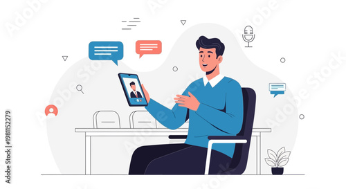 Man Video Calling on Phone, Online Communication, Remote Work, Business Meeting