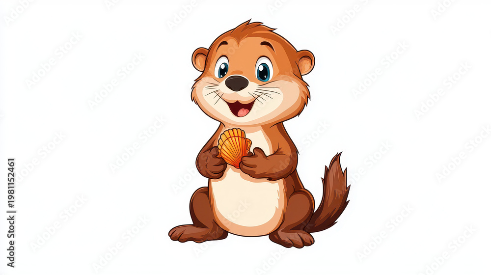 Obraz premium Cute otter character holding shell, smiling joyfully. This adorable design captures playful spirit of otters, perfect for stickers