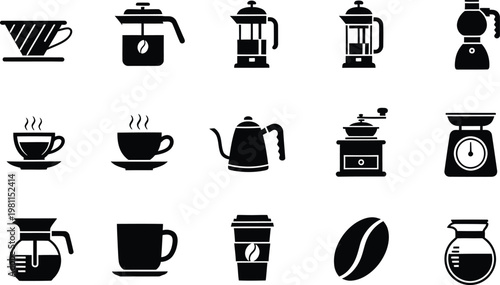 Collection of black and white coffee brewing equipment icons including dripper, grinder, and cups.