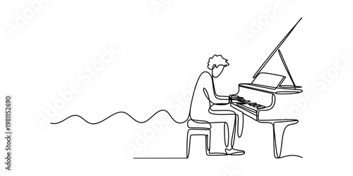 Minimalist continuous line drawing of a person playing a grand piano with a wavy musical aesthetic. Vector, illustration