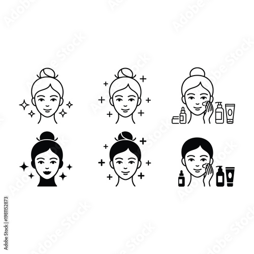Skincare Routine Icons Set Featuring Women Faces with Clean Skin and Cosmetic Products Collection