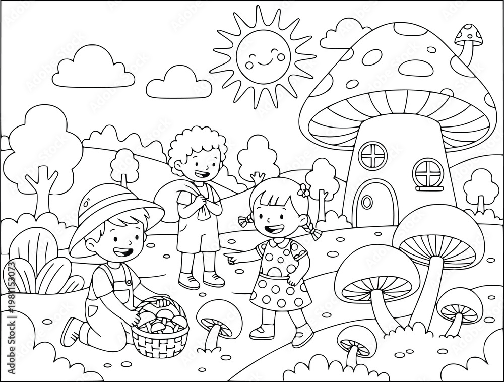 Fototapeta premium Mushroom house coloring page with happy children in a fantasy garden