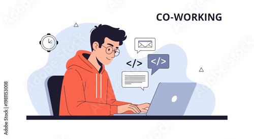 Young man working on laptop in co-working space with coding and communication icons