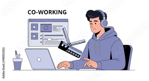 Young man working on laptop in co-working space with headphones and video editing software