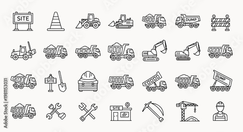 Construction site icons set, building equipment, heavy machinery, safety signs, tools, and worker outlines