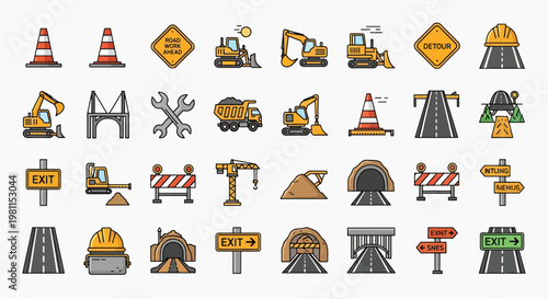Construction site icons set with road signs, heavy machinery, safety equipment, and tunnel illustrations, vector graphic elements