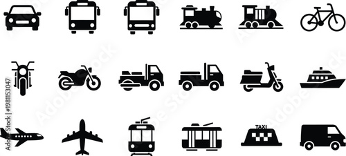 Set of eighteen black transportation icons representing various modes of travel and logistics