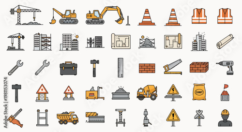 Construction site icons set with crane excavator tools buildings safety vests and equipment for industry projects