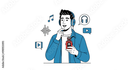 Man with headphones and recorder creating audio content, podcasting, voiceover, sound recording