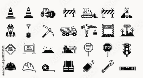 Construction Site Icons Set Featuring Tools, Safety Equipment, Vehicles, and Warning Signs for Industry Projects