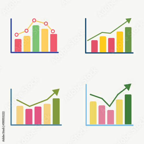 Business Growth Bar Charts with Upward Trend Lines Flat Vector Analytics Icons Set