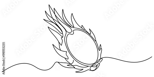 Continuous line drawing of a sliced dragon fruit with its characteristic spiky outer skin Vector, illustration