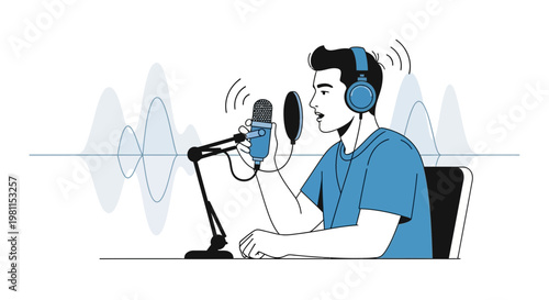 Man with headphones recording voice in microphone with sound waves, podcasting concept