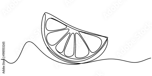 Single line continuous drawing of a fresh citrus lemon or orange fruit slice wedge on white background. Vector, illustration
