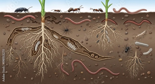 Detailed cross-section of soil ecosystem with plants, roots, worms, and insects.