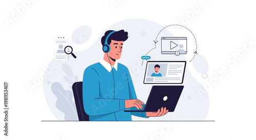 Man with Headphones Working on Laptop, Online Learning, Video Call, Remote Work